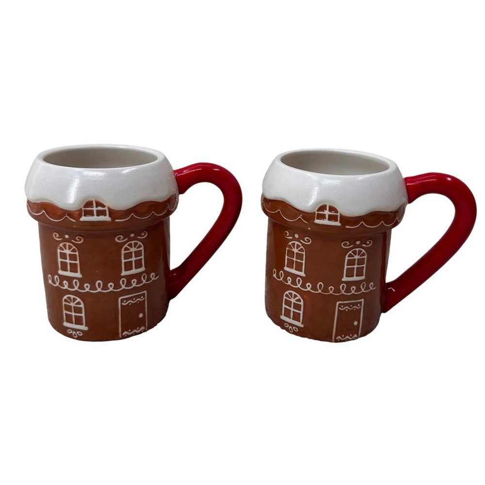Wondershop Gingerbread House Coffee Mugs Set 2 Christmas Holiday Brown Red 4.5in